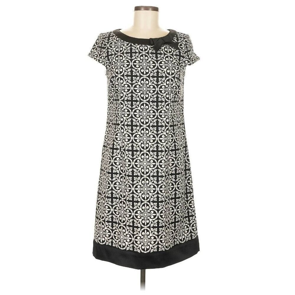 Maggy L Blk/White Print Sheath Dress Blk Border Trim at Hem and Neck, NWOT,Sz.12